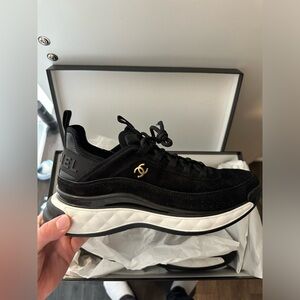 Chanel Black Suede And Leather CC Lace Up Sneakers size 44